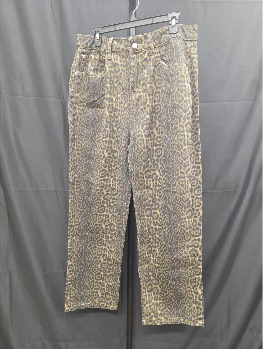 Women’s Y2K Leopard Print Wide Leg Baggy Denim Jeans Streetwear XL